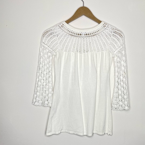 Cache Solid White Crochet Knit Tie Neck 3/4 Bell Sleeve Top Size Small - Picture 3 of 7
